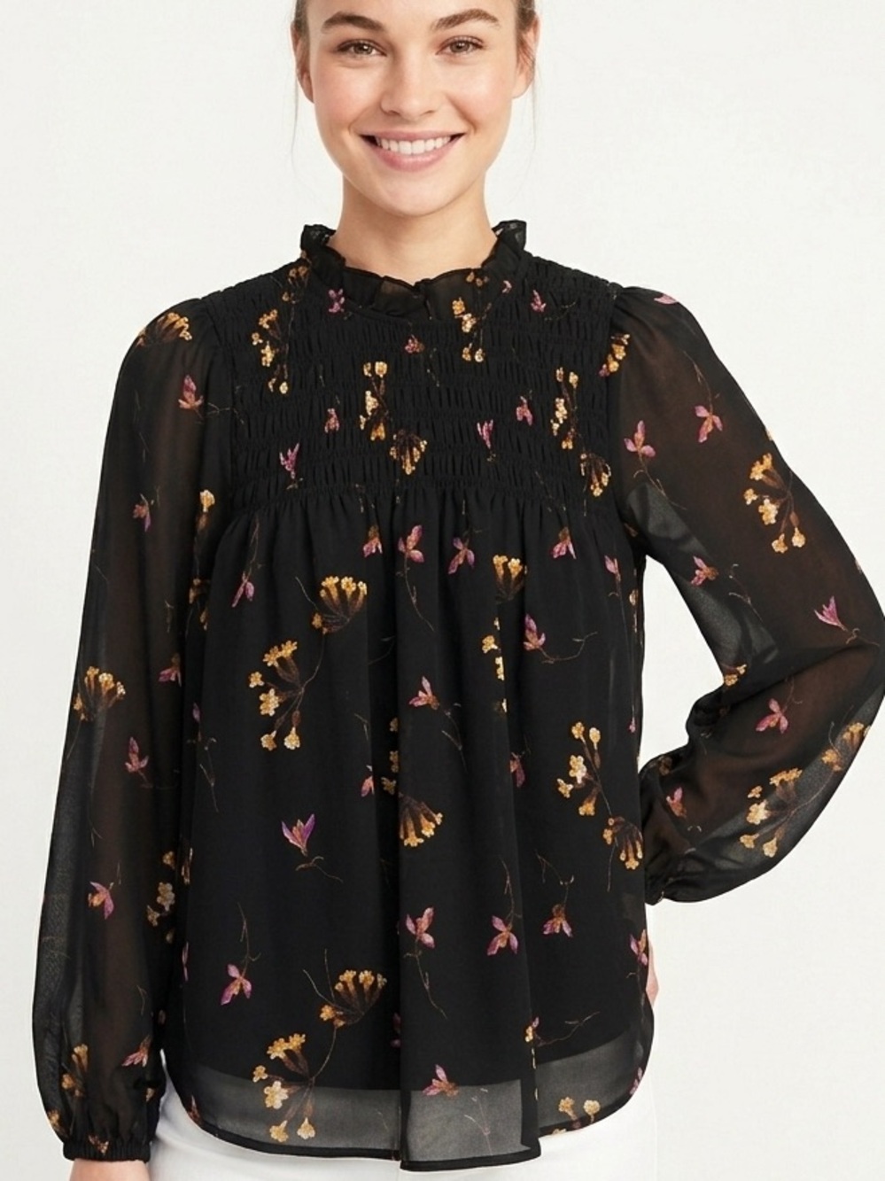 Madewell Black Floral Smocked Yoke Sheer Blouse • Size Small • EUC